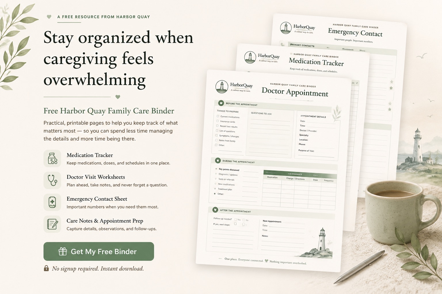 Free HarborQuay Family Care Binder — Medication Tracker, Doctor Visit Sheet, Emergency Contact Sheet. Download free.